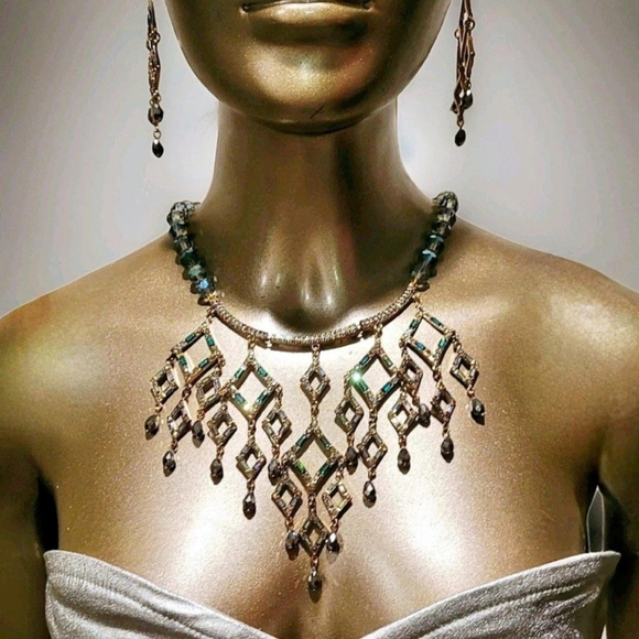 Vintage Estate Signed Cascade Waterfall Aurora Borealis Crystal Gold Necklace